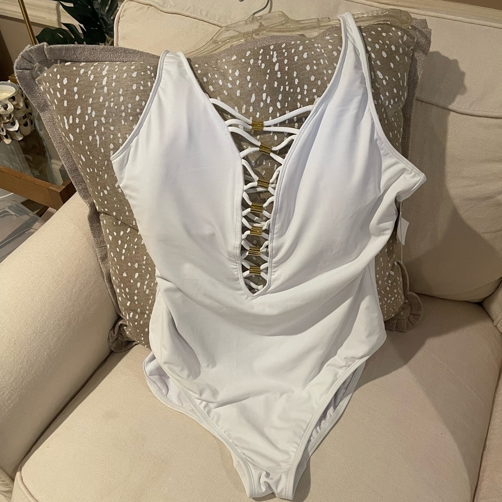 NWT Bleu Rod Beattie White Lace-Up One Piece Swimsuit